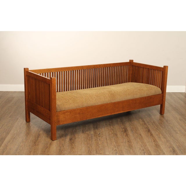 High Quality American Made, Vintage Solid Oak Spindled Sofa With Upholstered Seat