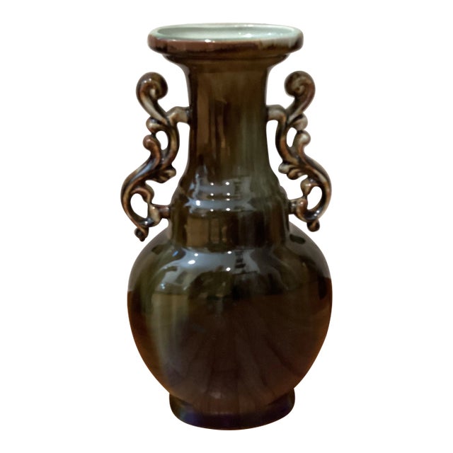 Mid Century Baluster Porcelain Ceramic Glazed Crackle Deep Green Vase With Molded Handles Oriented Style For Sale