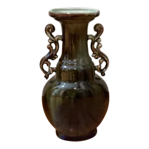 Mid Century Baluster Porcelain Ceramic Glazed Crackle Deep Green Vase With Molded Handles Oriented Style