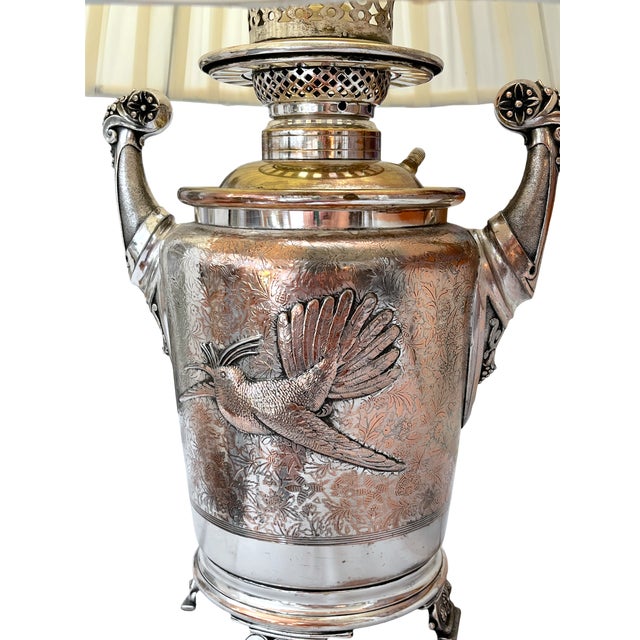 Chinoiserie Antique Late 19th Century Silver-Plated Oil Lamp Converted to Table Lamp With Bird & Floral Decoration, 23" For Sale - Image 3 of 14