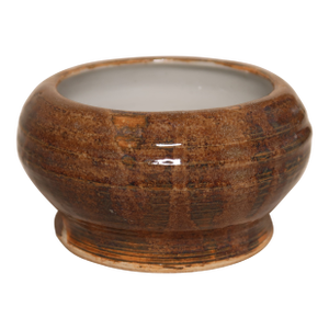 Late 20th Century Handmade Studio Pottery Low Bowl Wheel Thrown Rustic Stoneware With Brown Glaze and White