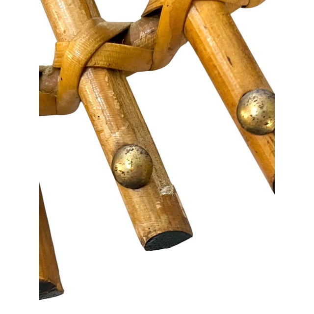 Vintage Italian Rattan Bamboo Sunburst Mirror With Brass Accents For Sale - Image 4 of 14