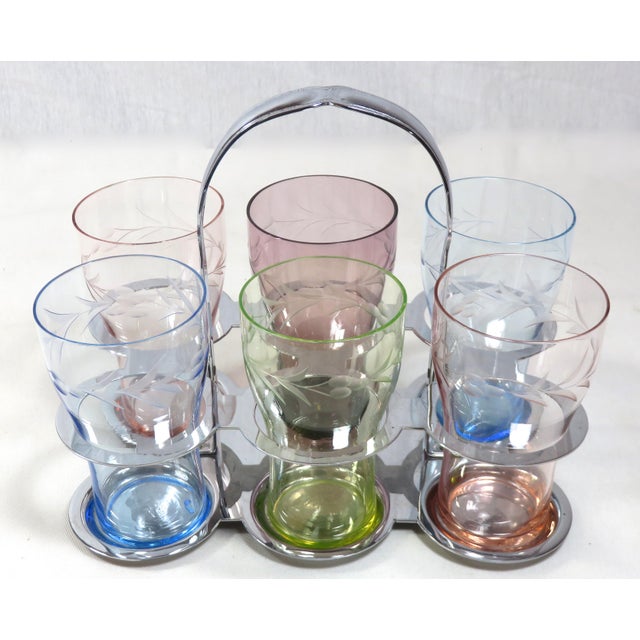 1930s Art Deco Farberware Drinking Glasses & Carrier Set 7 Piece Set