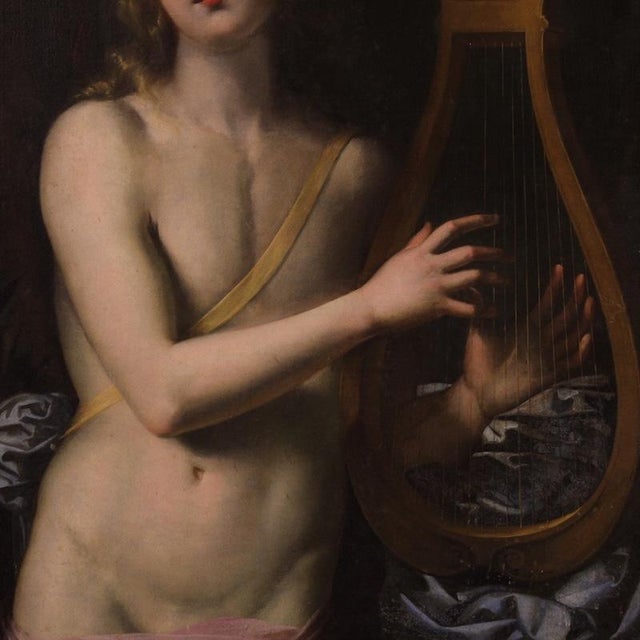An important Italian painting from the second half of the 17th century. This artwork oil on canvas depicts Apollo playing...