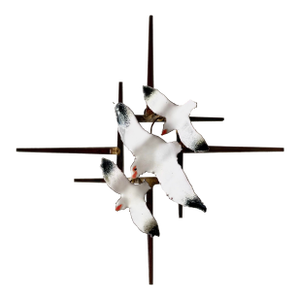 Brutalist Enamel and Brass Birds in Flight Sunburst Wall Sculpture, Mid-Century Modern