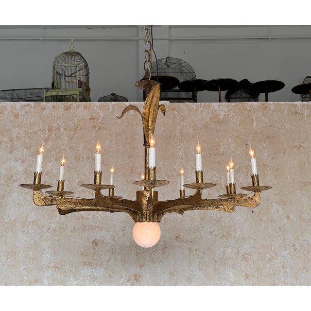Spanish 1950’s Gilt Iron Twelve-Arm Chandelier With Opaline Glass Center Light For Sale - Image 10 of 18