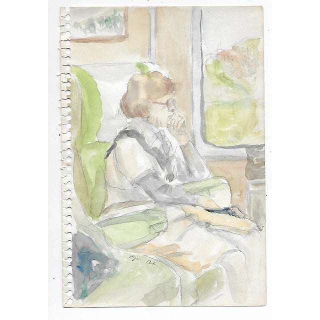 Watercolor by New York artist Myriam Cahn (1933-2018) of a traveler on a train. Salmagundi Club named an award after her...