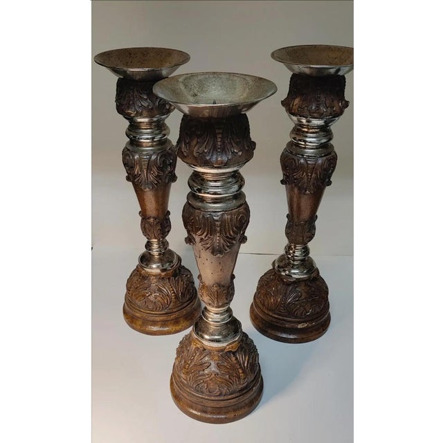 Late 20th Century Late 20th Century Ornate Maitland-Smith Hand-Carved Candle Holders ~ Set of 3 For Sale - Image 5 of 9
