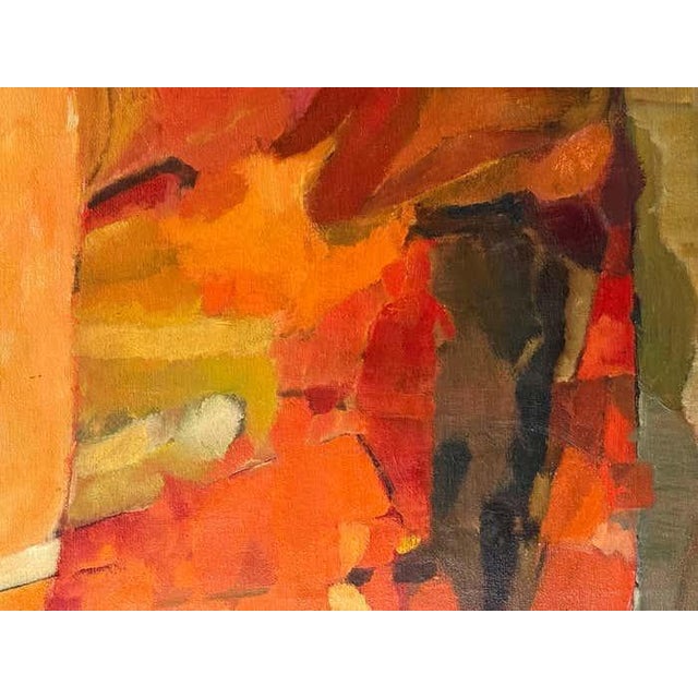 This oil-on-canvas is a vibrant abstract composition built from bold planes of saturated color. Deep oranges, reds, and...