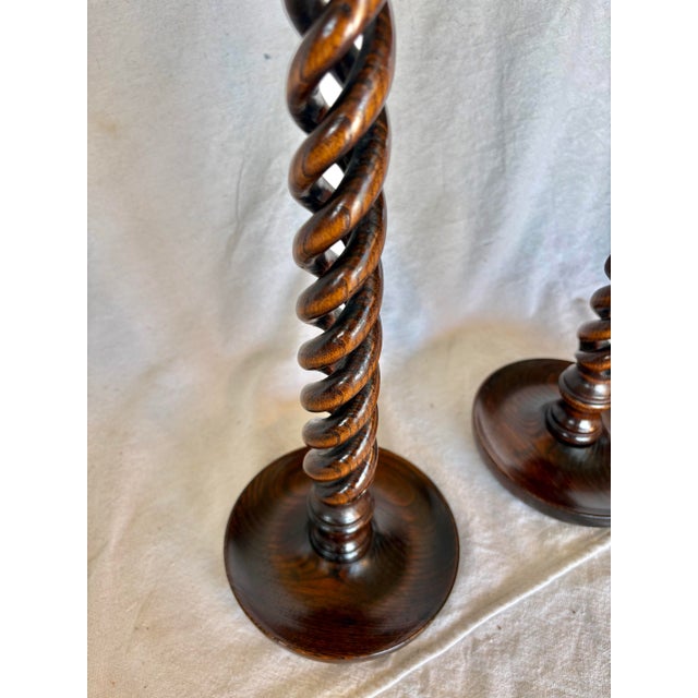19th Century English Oak Open Barley Twist Candlesticks - A Pair For Sale - Image 6 of 12