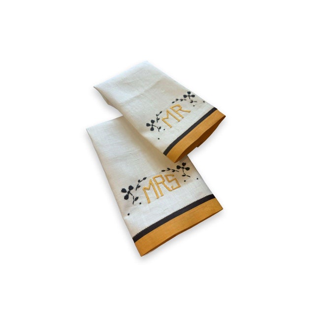 Saffron Vintage Mr & Mrs Linen Towels Saffron Black Trim Monogram Embroidered Guest Towels - a Pair For Sale - Image 8 of 11