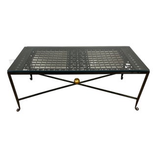 Elegant Wrought Iron Coffee Table With Glass Top and Gilt Accent For Sale