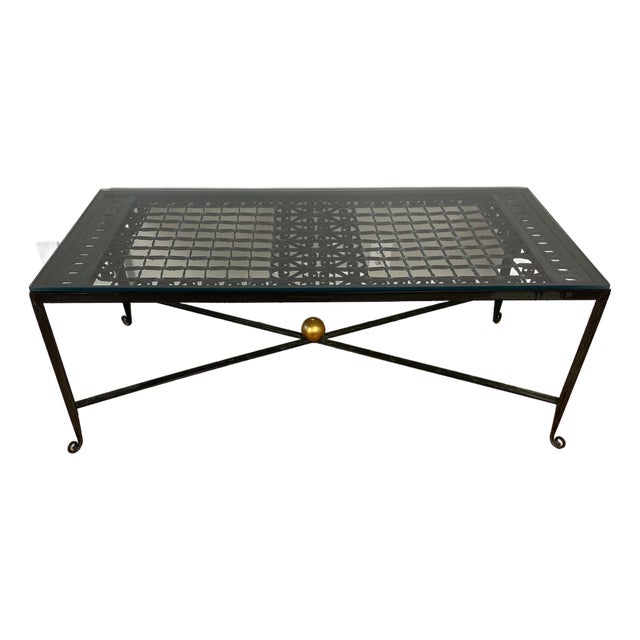 Elegant Wrought Iron Coffee Table With Glass Top and Gilt Accent For Sale