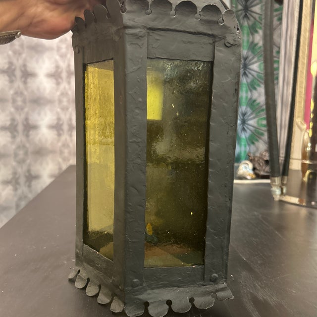 Early 20th Century Antique Black Metal Wall Lantern Light With Blown Glass Panels For Sale - Image 5 of 11