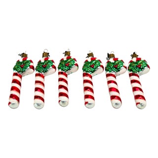 Vintage Neiman Marcus 2002 German Blown Glass Holly Candy Cane Christmas Ornaments, Set of 6 For Sale