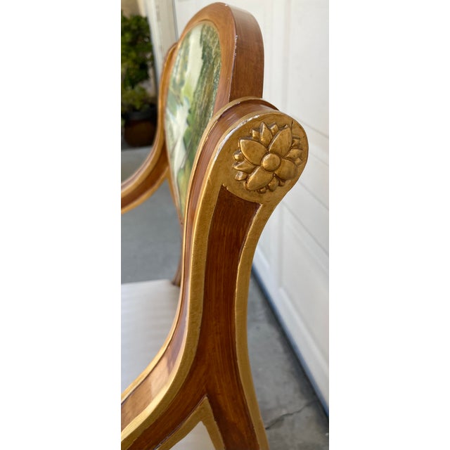 Vintage Italian Neoclassical Regency Hand-Painted Landscape Medallion Reticulated Armchair With Gilt Accents, 38" For Sale In Sacramento - Image 6 of 16