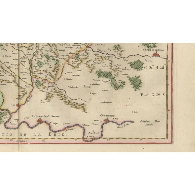 Paper Willem Janszoon Blaeu, Map of Valois, Picardy, France, 1642, Hand Colored For Sale - Image 7 of 11