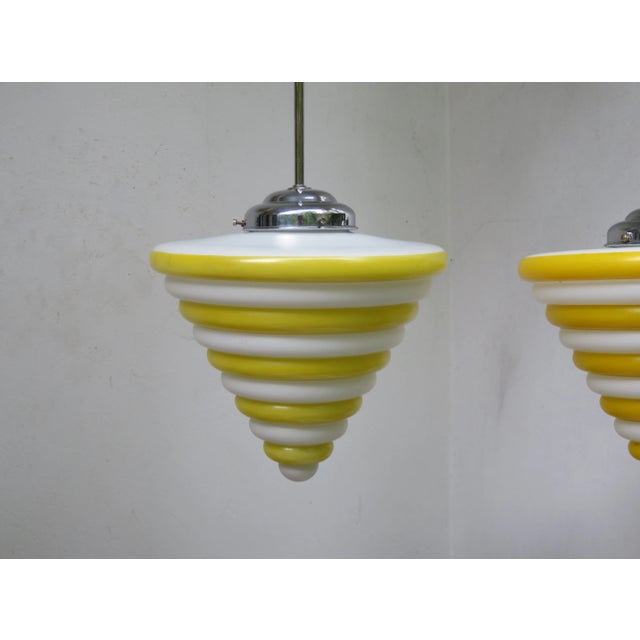 1930s Vintage Bauhaus Flashed Glass and Chrome Ceiling Lamps, Set of 2 For Sale - Image 5 of 18