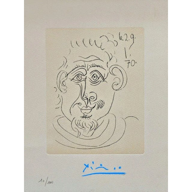 Pablo picasso - tête d'homme au bouc/portrait of a man with goatee, 1970 rare hand-signed etching on wove paper, hand-...