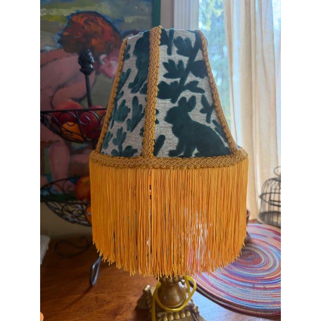 2020s Covington Luv Bunny Teal Velvet Unique Lampshade With Yellow Fringe That Glows! For Sale - Image 5 of 5