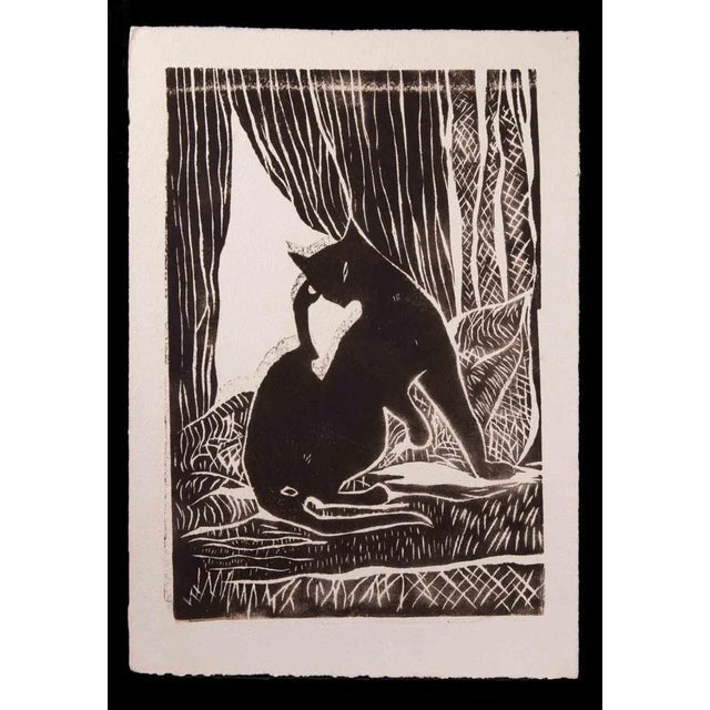 Black Cat by the Window is a woodcut print on paper realized by Giselle Halff in the early 20th century. Good conditions....