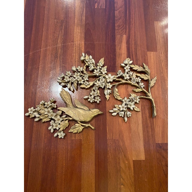 Syroco Vintage 1960s Gold Bird Dogwood Wall Hanging- 2 Pieces For Sale - Image 4 of 5
