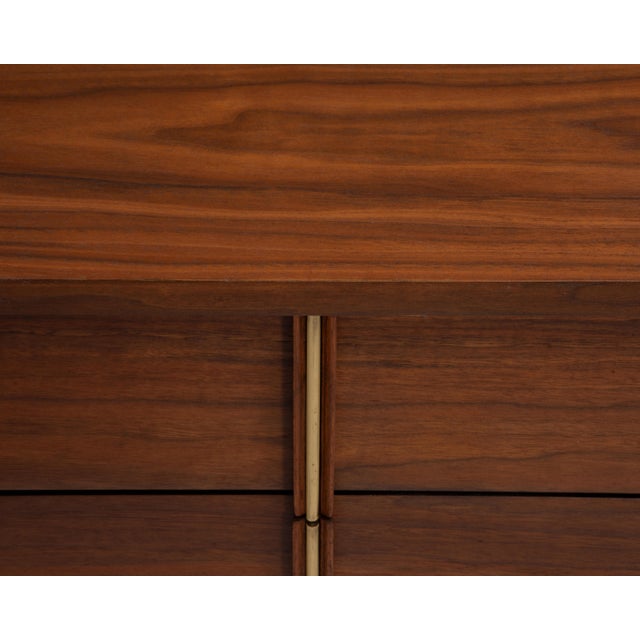 American of Martinsville Mid Century Walnut Nightstands Brass Accent Restored - A Pair For Sale - Image 10 of 13