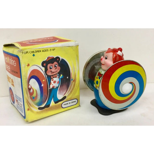 American Vintage Wind-Up Toy Bear Whirling Wheel New in Box For Sale - Image 3 of 9