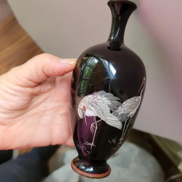 Japanese Meiji Era Black Cloisonne Vase With 5 Cranes For Sale In Raleigh - Image 6 of 7