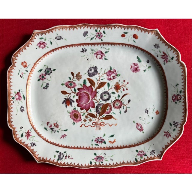Chinoiserie Antique 18th Century Chinese Export Porcelain Platter in Famille Rose Palette For Sale - Image 3 of 8