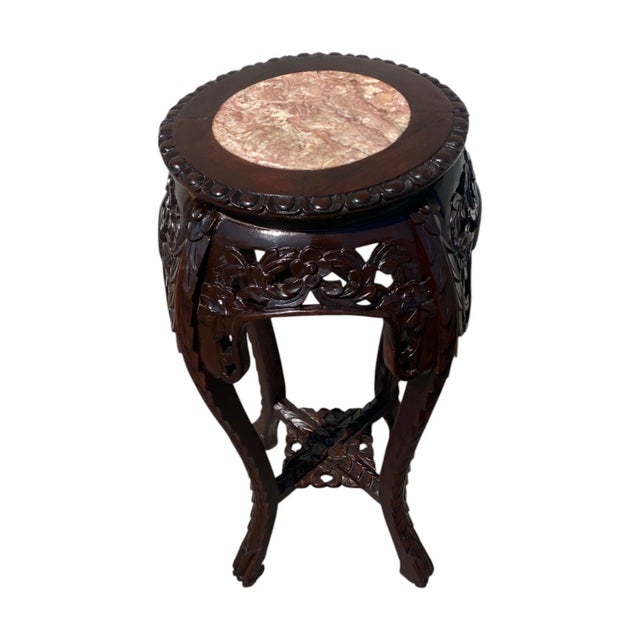 Chinese Mid-Century Chinese Carved Rosewood Marble Top Plant Stand Table/ Pedestal For Sale - Image 3 of 11