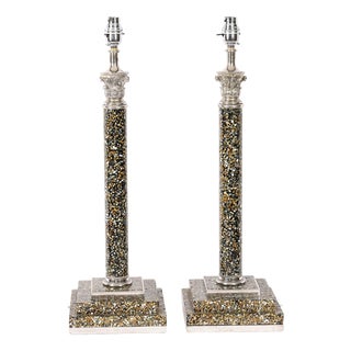Vintage Silver Plate and Agate Corinthian Column Table Lamps, Set of 2 For Sale