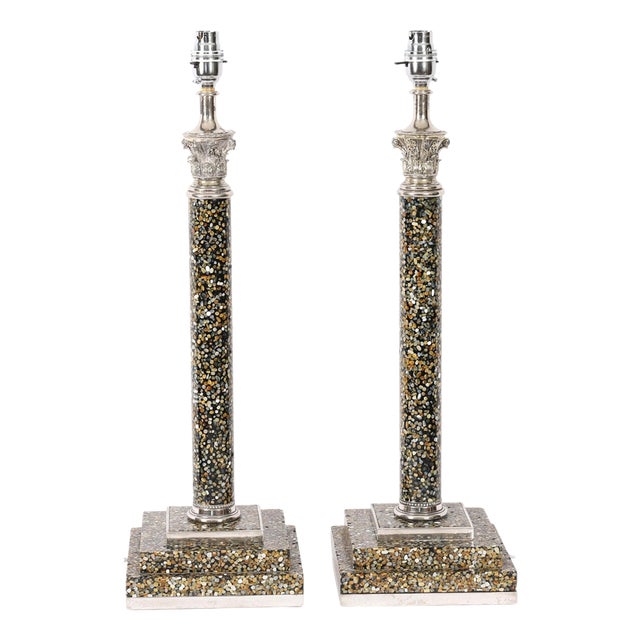 Vintage Silver Plate and Agate Corinthian Column Table Lamps, Set of 2 For Sale