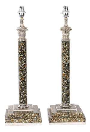 Vintage Silver Plate and Agate Corinthian Column Table Lamps, Set of 2