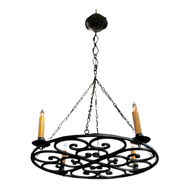 Antique Gothic Hand-Forged Wrought Iron Corona Four Light Chandelier For Sale