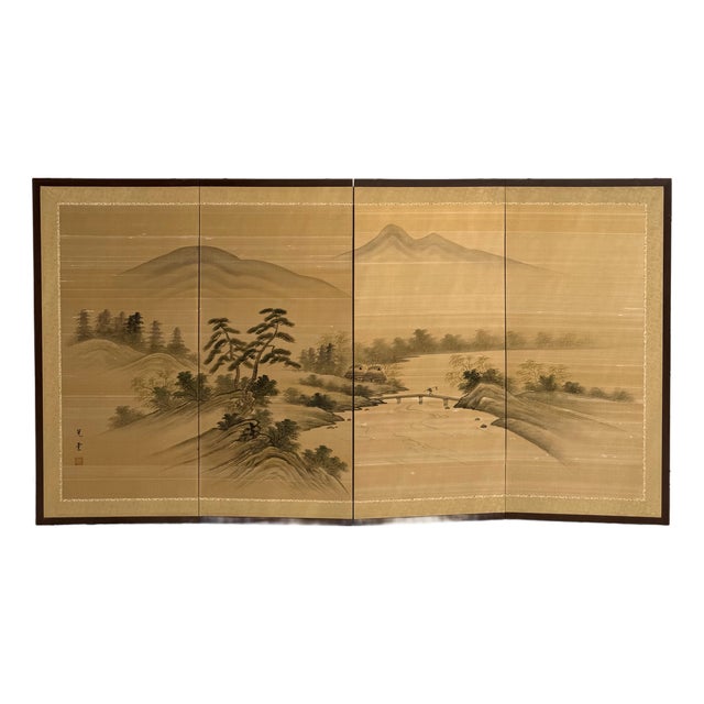 Vintage Japanese Byōbu Hand-Painted Silk Landscape Folding Screen For Sale