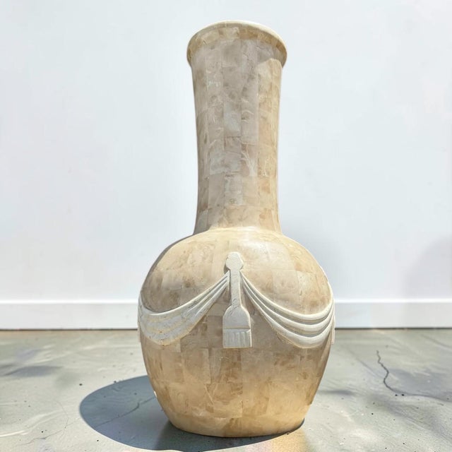Off-white Vintage Tessellated Stone Vase With Ribbons For Sale - Image 8 of 10