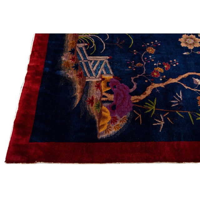 Antique Art Deco Chinese Handmade Floral Blue Wool Rug For Sale - Image 4 of 13