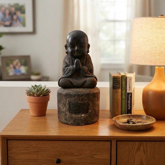 Black 25" Oriental Chinese Zen Young Monk Siting Meditation Stone Statue For Sale - Image 8 of 10