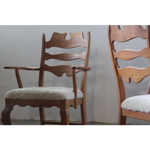 Set of Vintage Brutalist Oak Razorblade Armchairs by Henning Kjærnulf, 1960s For Sale - Image 11 of 14
