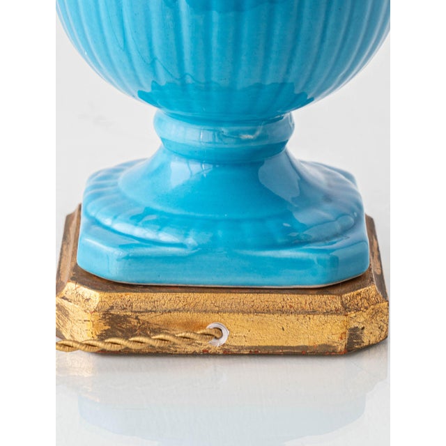 Hand-Carved Turquoise Floral Ceramic Table Lamp with Silk Lampshade from Manises, Spain, 1960s For Sale - Image 10 of 16