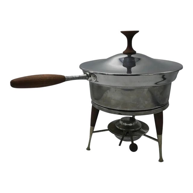 1960s Mid-Century Modern Ernest Sohn Attributed Atomic Age Stainless Steel & Teak Chafing Dish For Sale
