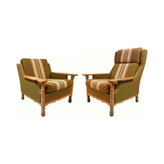 Vintage mid-century Danish sofa set in hand-carved and turned quarter-sawn white oak with original green wool upholstery...