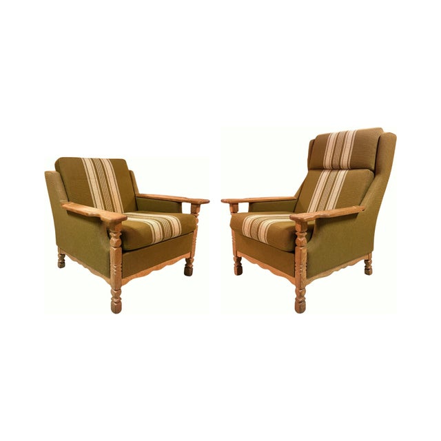 Vintage mid-century Danish sofa set in hand-carved and turned quarter-sawn white oak with original green wool upholstery...