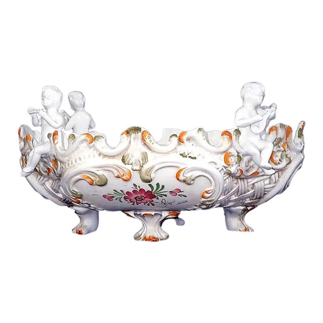 Large Capodimonte Porcelain Centerpiece Putti Cherub Figural Reticulated Centerpiece Bowl - Signed - Circa 1948 For Sale