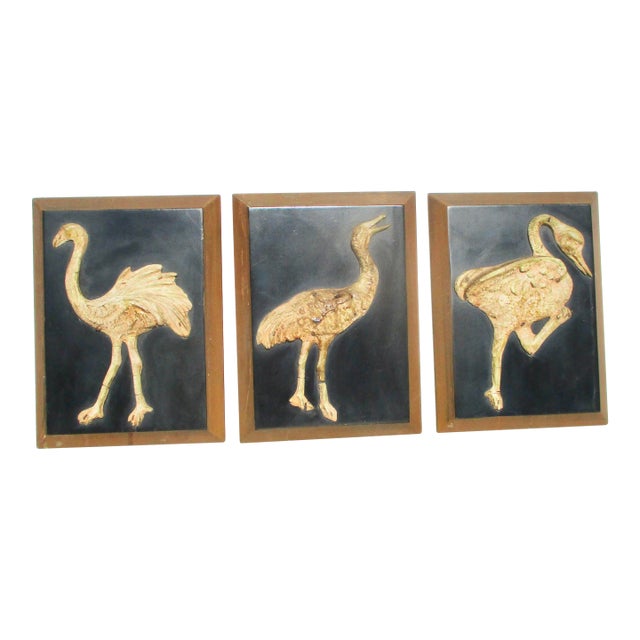 Set of 3 Ba-Relief Birds on Wood Panels- A Set of 3 For Sale
