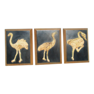 Set of 3 Ba-Relief Birds on Wood Panels- A Set of 3