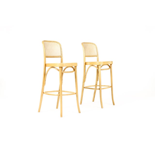 #2074 — Mid Century Vintage Attributed to Thonet Prague #811 Bar stools — Bentwood + Cane — Pair Great pair of vintage...