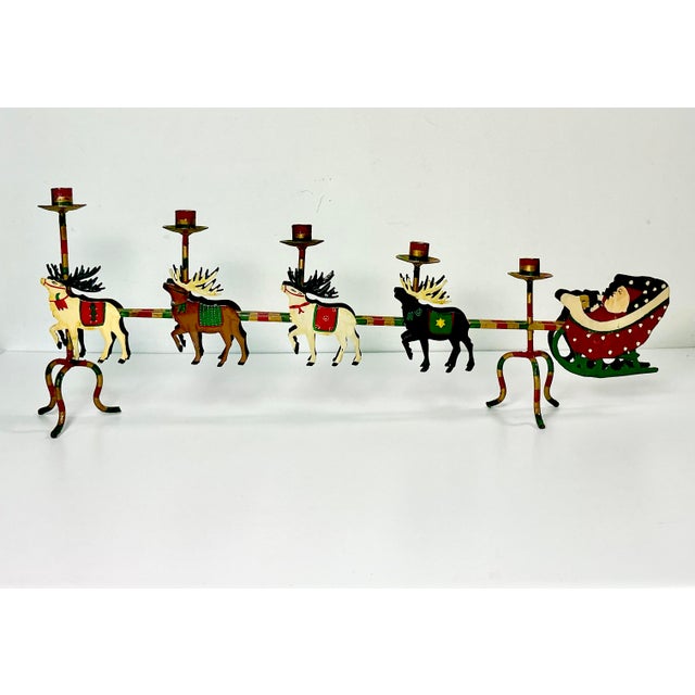 1970s Vintage Hollywood Regency Boho Chic Italian Santa & Reindeer Sleigh Tole Candle Holder, Monumental Christmas For Sale - Image 4 of 7