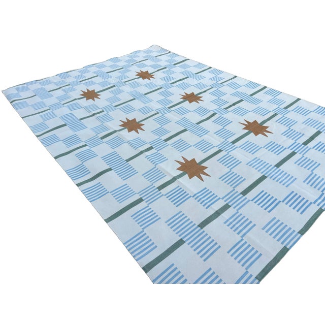 White Handmade Cotton Area Rug, Cream, Sky Blue, Green and Tan Star Dash Striped Dhurrie - 8'x10' For Sale - Image 8 of 12